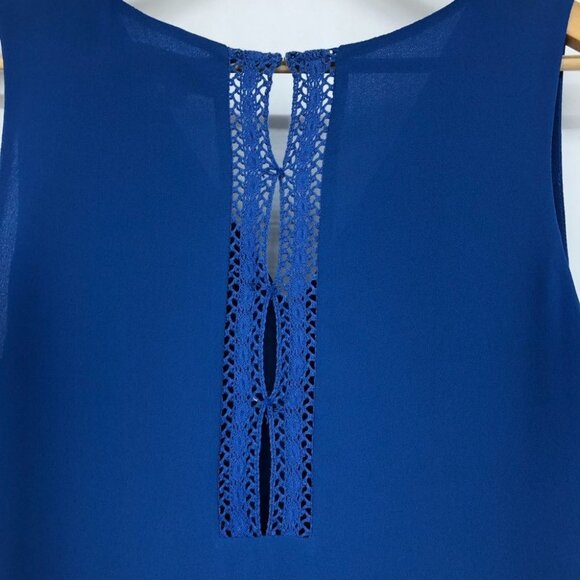 Lost April Cobalt Blue Lace trim  V-neck Chiffon Sleeveless Blouse LG - Picture 5 of 13